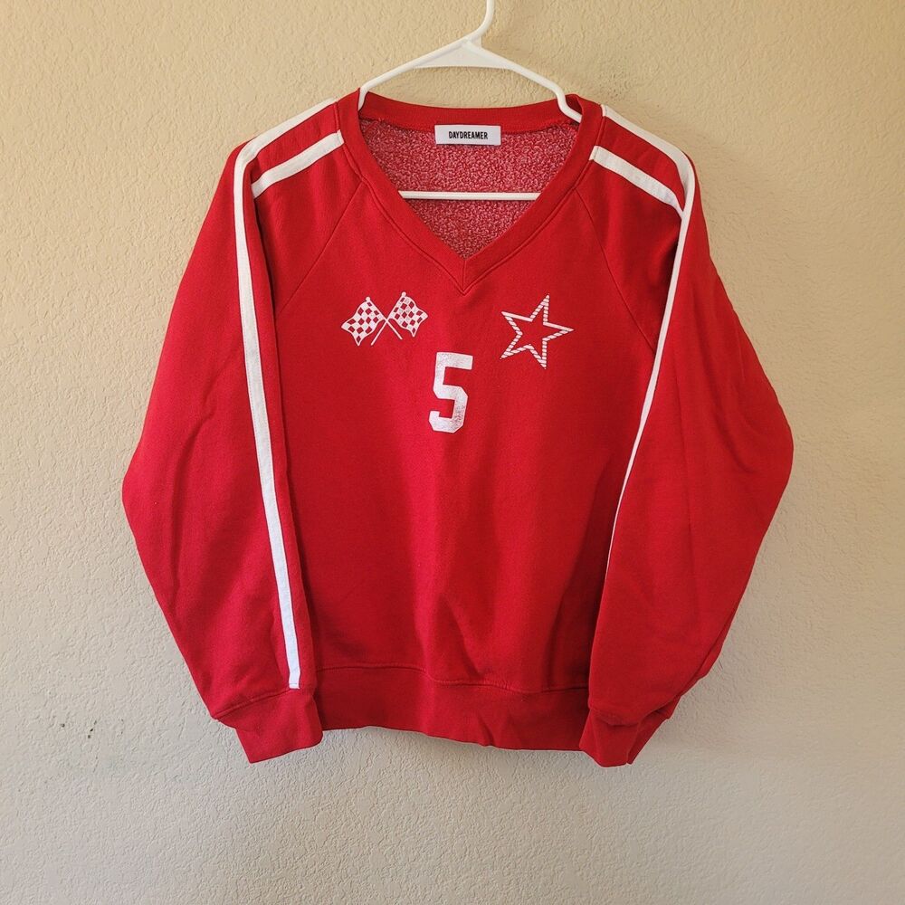 Daydreamer 5 Star Racing V-Neck Sweatshirt Size Xs Red Varsity Stripe Oversized